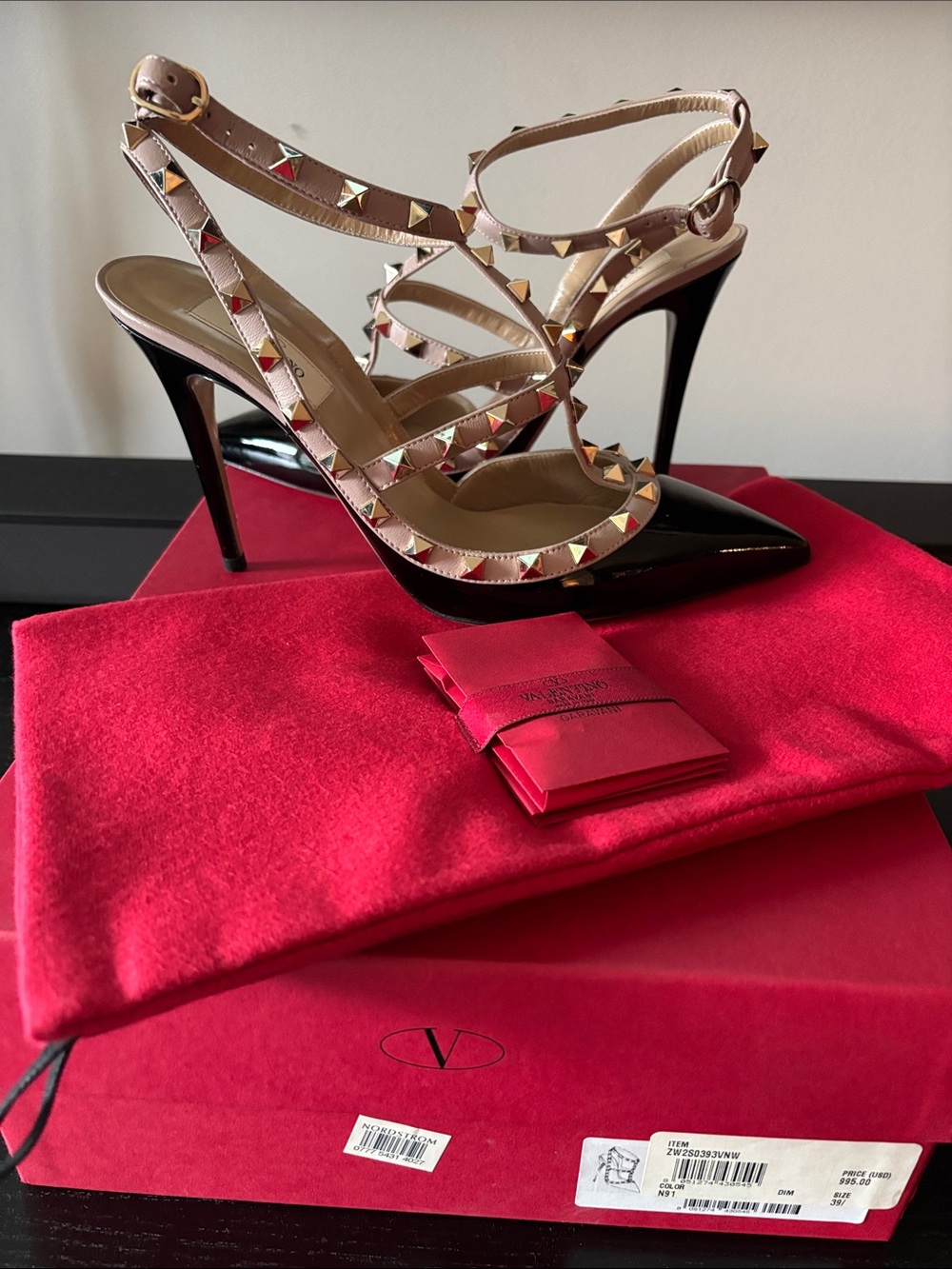 Valentino Black Patent and Nude Rockstud Strappy Stiletto Heels